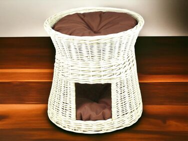 Кігтеточка-будиночок для котів: двоярусне ліжко з плетіння з лози, діаметр 50 см, з подушкою, білий колір