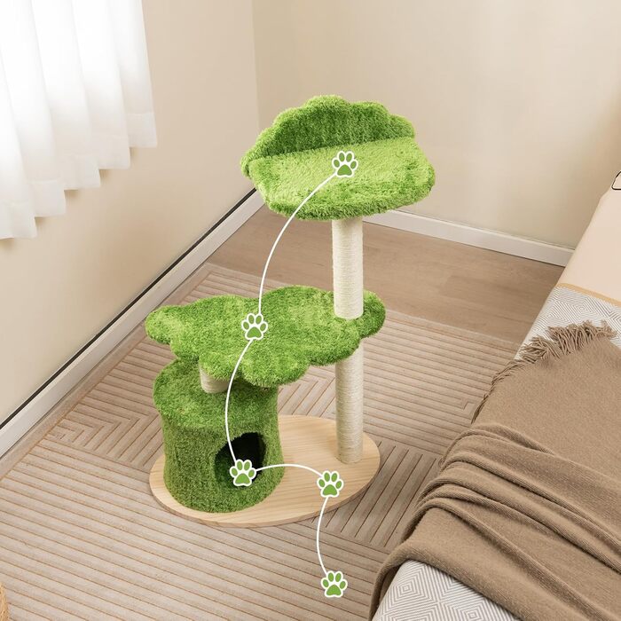 Кігтеточка для котів GYMAX 97 см з печерею, 3-ярусна, з сизалю, з платформою, дерев'яна основа, для дому