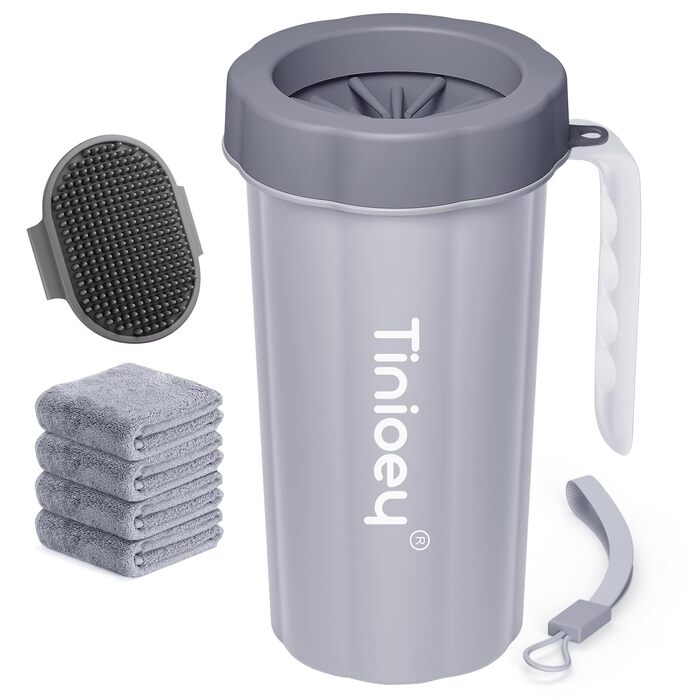 Очисник лап для великих собак Tinioey з ручкою | В комплекті 4 рушники та щітка для миття | Очисник лап для собак, аксесуари для собак великих порід (сірий)