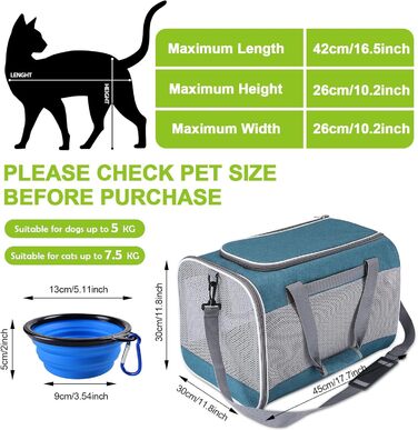 Транспортна переноска для кота KunpengZen, переноска для собаки, складана, з регульованим плечовим ременем, знімним плюшевим матрацом, для котів до 7.5 кг, для подорожей, авто, до ветеринара, блакитна