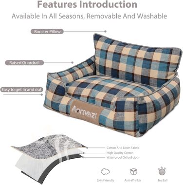 Ортопедичне собаче ліжко PETCUTE з підголовником, блакитне, для собак середніх та великих порід, знімний, washable, антиковзне, м'яке