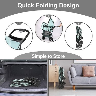 Дитяча коляска для тварин, складана, для котів/собак, з кошиком для зберігання та тримачем для напоїв, 3 колеса, для собак та котів, для маленьких або середніх собак, котів, цуценят (Блакитно-зелений)