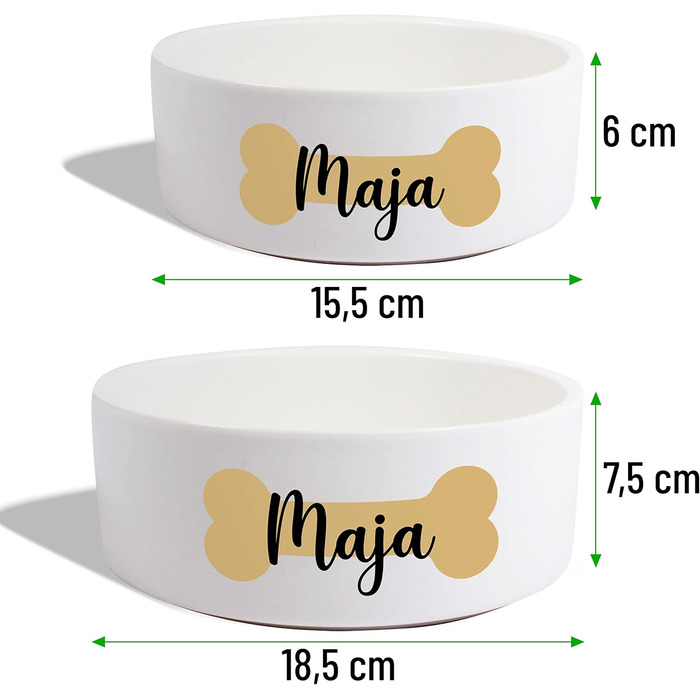 Керамічний двомісний набір мисок з іменем для собак та котів 'Кістка' - персоналізований набір мисок з/без підставки | Миска для собак, миска для котів, годівниця | 2x 500 мл
