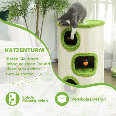 Бочка для подряпин PawHut, висота 76 см Бочка для кішок з 3 печерами, кігтеточка з іграшкою сонечко, котяча вежа з сизалю, для котів до 5 кг, зелений+кремово-білий | Аосом