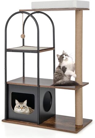 Дерев'яний кігтеточки для котів Costway з будиночком, 118 см, з ліжком, іграшкою та килимком, металевий каркас, 4 рівні, вінтажний дизайн (чорний)