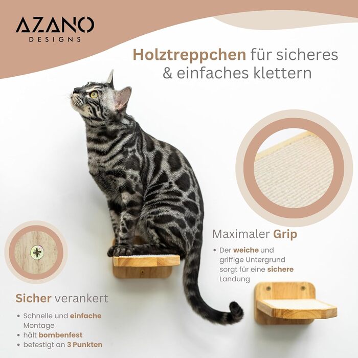 AZANO Стіна для лазіння для котів з гамаком XL, дерев'яна котяча полиця, котяча драбинка зі спальним місцем, три частини, надміцна конструкція