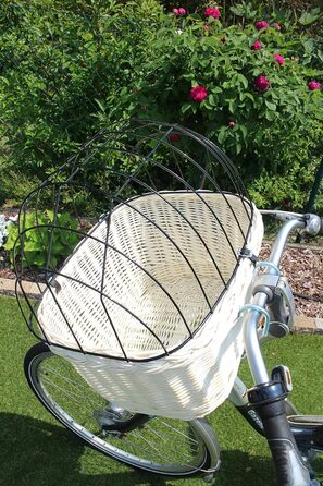 Кошик для собаки на кермо велосипеда з ротангу з металевою сіткою та подушкою (білий)