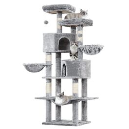 MSmask Котячий будиночок-кігтеточка великий, 180 см, з сизалевих стовпів, 2 платформи, 2 будиночки, кошик, гамак, стабільний, багатоповерховий, сірий