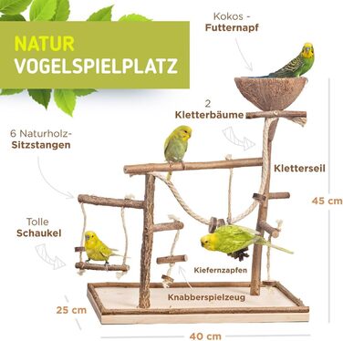 Vogelgaleria® Розкішний ігровий майданчик для птахів з натурального дерева, знімна годівниця, іграшка для хвилястих і корел