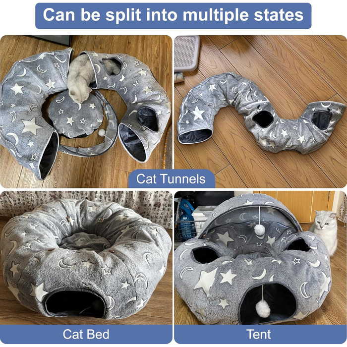 Кішка ліжко з підсвіткою, великий плюшевий тунель для котів з м'ячиком, велика шуршача печера для котів, іграшка для котів, кроликів або цуценят, сірий колір + світиться в темряві