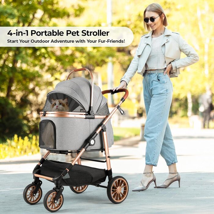 Візок для собак MAMIZO 4-в-1, до 25 кг, з амортизаторами, складний, для котів та собак (сірий)