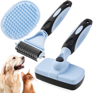 Набір для догляду за шерстю тварин: щітка для самостійного очищення, гребінець для видалення ковтунів та щітка для миття, синій, 3 шт. (для котів та собак)