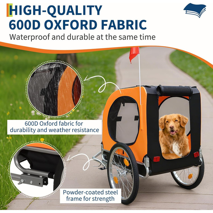 Причіп-коляска для собак до 40 кг - 88 lbs - міцна сталева рама, колеса 16 дюймів, нековзний підкладка, для активного відпочинку, помаранчевий