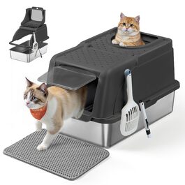 Сталевий лоток для котів Feandrea XL з кришкою, для великих котів до 15 кг, колір чорний