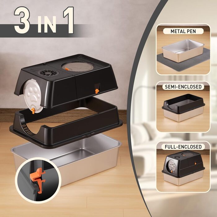 Лоток для котів Citylife Edelstahl з кришкою, XXL, закритий, з двошаровим килимком та совком, двостулковий, легко чиститься, з нейтралізацією запаху (Чорний)