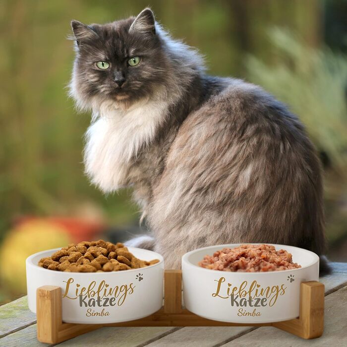 Котловий набір керамічний з персоналізацією імені 'Улюблена кішка' | Набір мисок з/без підставки | Подвійний набір для їжі та води | Миска для великих та маленьких котів, станція для годування (2x 1300 мл, з підставкою)