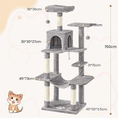 Кігтеточка для котів MSmask велика, багатоярусна з платформами, гамаком та сизалевими стовпчиками (сірий)