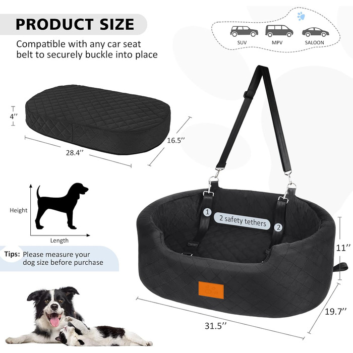 Автокрісло для собак великих та середніх порід (до 25 кг) або 2 маленьких, з поводокком та знімним чохлом – чорний колір