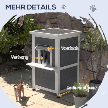 PawHut Cat House Дерев'яний 2-х ярусний стійкий до погодних умов будиночок для кішок з дахом, сірий і білий, 60x60x81.5см | Аосом