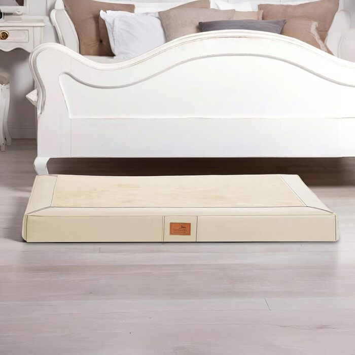 Ортопедичний лежак для собак Tierlando® Oscar VIP з екошкіри та велюру з віскоеластичною піною, антипрослизаючою основою, 100x80 см, колір: кремовий