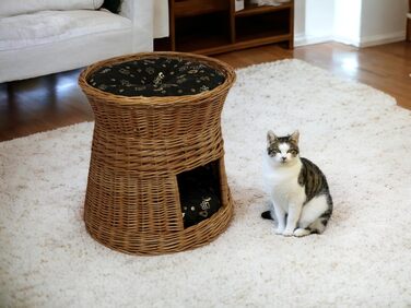 Котячий кошик для сну з подушкою, кругла плетена хатинка з лози, двоповерхове ліжко для котів і собак, діаметр 47 см, колір натуральної кори, темно-коричнева подушка, для дому