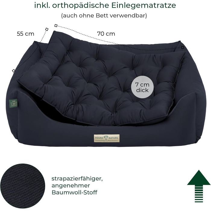 Ортопедичне ліжко для собак HOUND & NATURE Zermatt, корзина для собак середнього розміру з високим бортиком, м'яке собаче ліжко з подушкою (M - 95x70 см), темно-синій