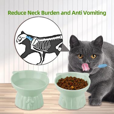 Набір мисок для котів 2 шт. з підняттям на 15°, керамічні, великі, для запобігання блювоті, підходять для корму та води, білі та зелені