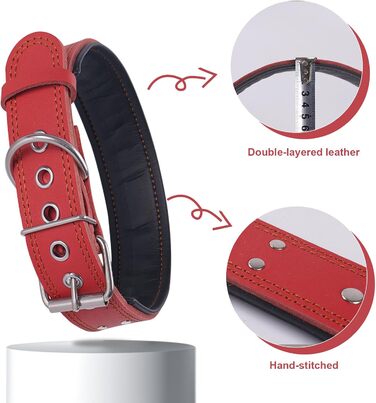 Нашийник для собак з натуральної шкіри, XL, червоний. Товстий, м'який, 5 см, для середніх та великих порід