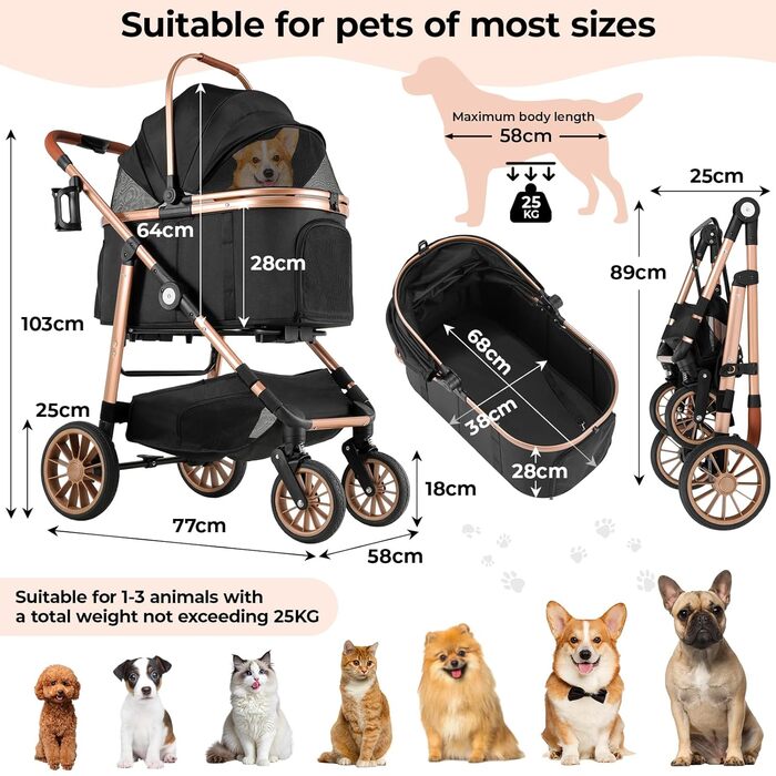Візок для собак Mamizо 4-в-1, до 25 кг, з амортизаторами, складний, чорний