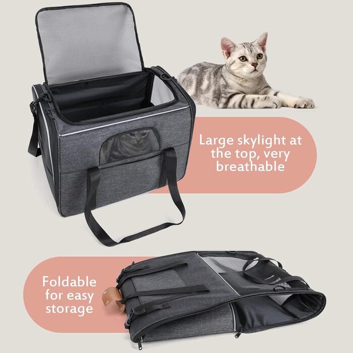 Транспортна переноска для собак та котів: переноска-сумка, схвалена авіакомпаніями, для собак та котів середніх та маленьких порід (до 9 кг), з шлейкою та щіткою для видалення шерсті