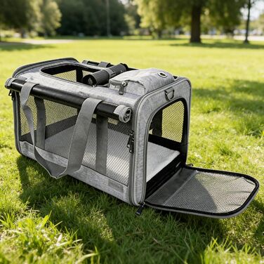 Транспортна переноска для котів та собак, 46x30x30 см, темно-сіра, складана, з вентиляційною сіткою та кишенею, до 10 кг