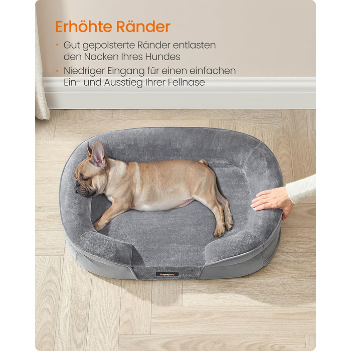Ліжко для собак Feandrea, ортопедичне, 76x51x18 см, сірого кольору, з водовідштовхувальним шаром, знімний чохол
