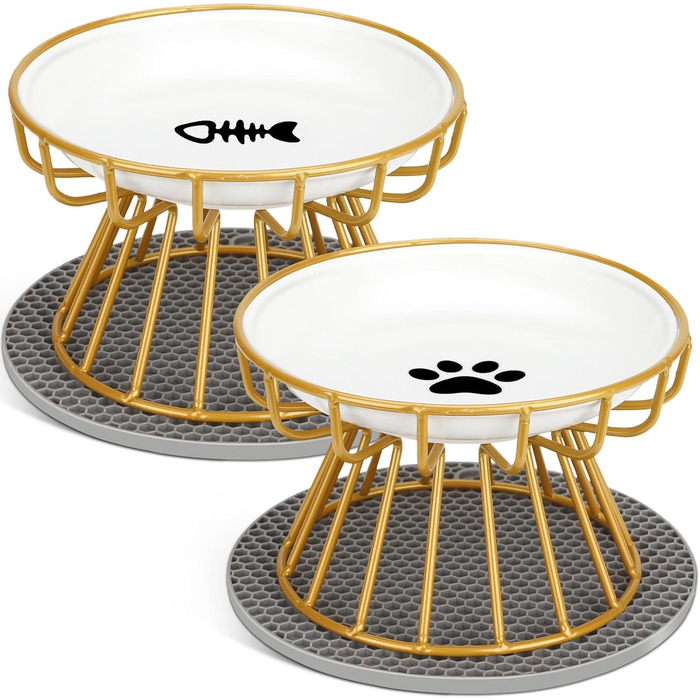 Підвищені годівниці для котів 2 шт. з кераміки з металевим підставкою, миски для котів з силіконовим килимком, станція для годування котів, миски для котів для їжі та води (Золотий)