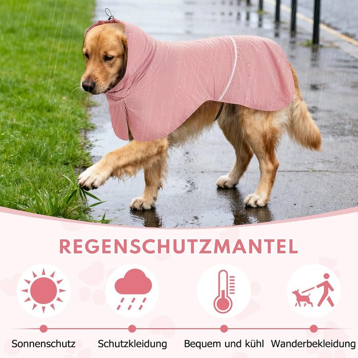 Водонепроникний дощовик для собак з світловідбиваючими смугами та отвором для хвоста - Дихаюча куртка для собак різних розмірів, вітростійка та регульована для собак середніх та великих порід (Рожевий, M)