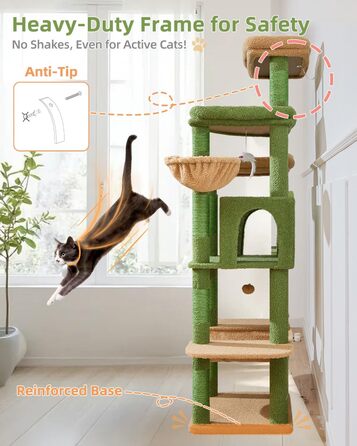 Когтеточка для котів Taoqimiao 180 см XXL, великий котячий комплекс для Maine Coon з будиночком, гамаком, великою платформою, 9 стійок для дряпання, кошиком, зелений