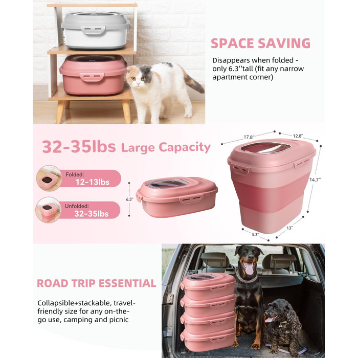 Контейнер для зберігання корму для собак 9-13.6 кг з колесами, повітряно-щільною кришкою, рожевий. Підходить для собак, котів та інших тварин.
