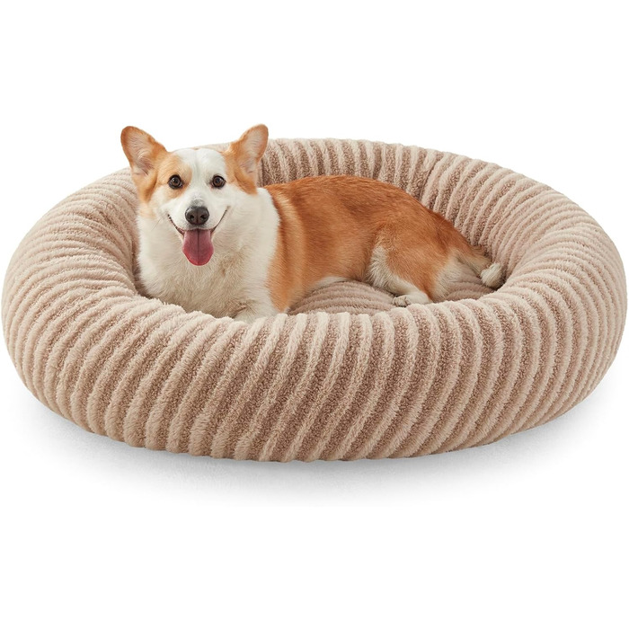 Кругла лежанка для собак Mixjoy, Donut, велика, 91 см, антиковзка, плюшеве штучне хутро, до 40,8 кг, бежева