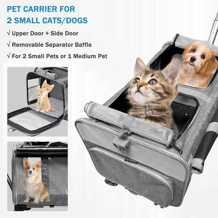 Транспортна переноска для котів та собак на 20 кг з 2 відділеннями, колесами та телескопічним ручками (сіра)