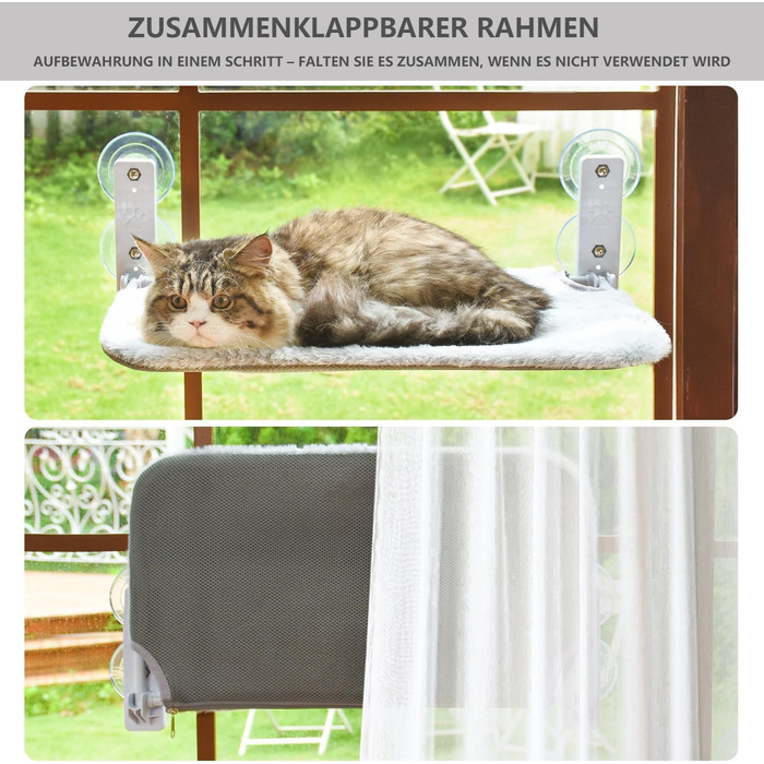 Гамак для котів Bibykivn на вікно, розкладний, сірий плюш + сітка, 52×30 см