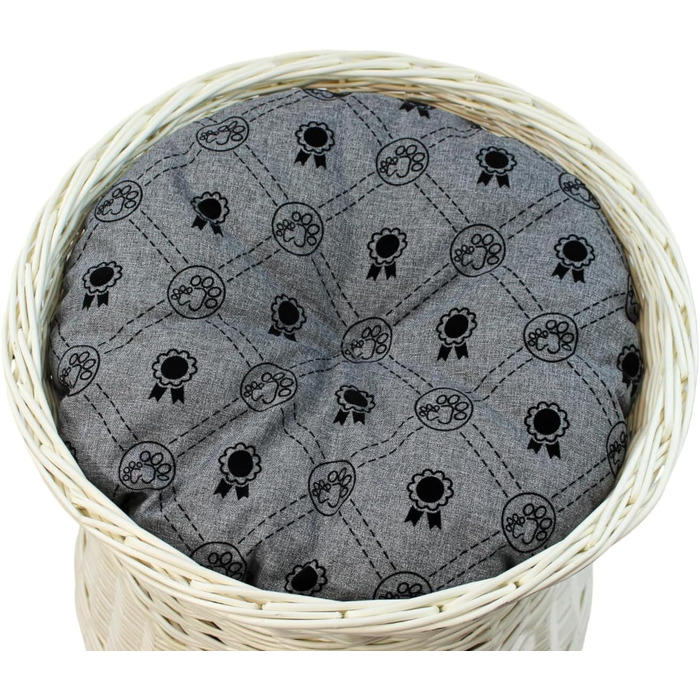 Кігтеточка-ліжко для котів: кругла хатинка з лози, 2 поверхи, білий колір, сірий лежак