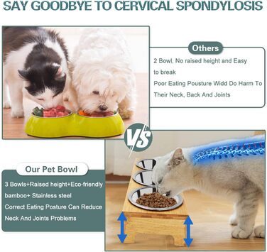 Набір мисок для котів та собак 3 шт. з підставкою з бамбука, підняті миски, нержавіюча сталь