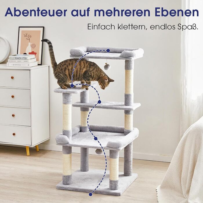 Ігровий комплекс для котів Katzenbaum (139 см) з гамаком, збільшеними платформами та сизалевими стовпами для дряпання, багатоярусний когтеточка-замок, світло-сірий