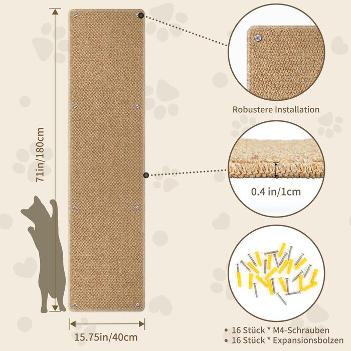 Килимок для дряпання котів FHTONGE 71x15.8 см, сизаль, для кріплення на стіну, сірий