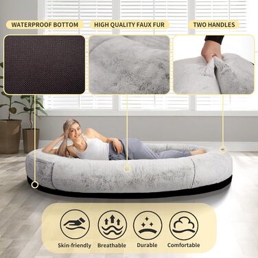 Велике ліжко для собак та людей FURRYFECTION, 180x114x35.6 см, сіре, з підстилкою та подушкою