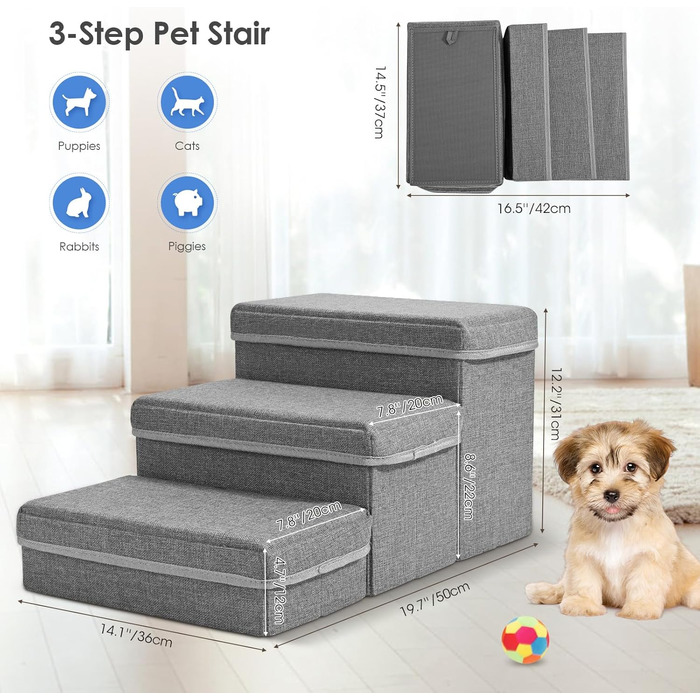 Сходинки для собак маленьких порід, 3 сходинки, складана, для котів та собак, з ящиками для зберігання, підійде для дивану та ліжка