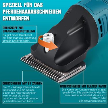 Професійна акумуляторна машинка для стрижки коней 500W | 2 батареї 2500mAh | 6 швидкостей | 2400 обертів/хв | Сумісна з Makita 18V