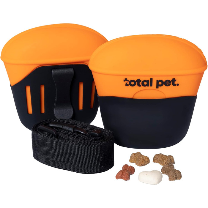 Ласощі для собак: силіконовий мішечок для ласощів з кліпсою та магнітною застібкою, з ремінцем, оранжево-чорний колір