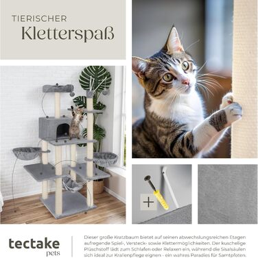 Дерево для котів tectake® XXL, велике, з лежаками, гамаком, будиночком, іграшками, мотузкою, стовпчиком для шліфування, чорний (сірий) - 165 см
