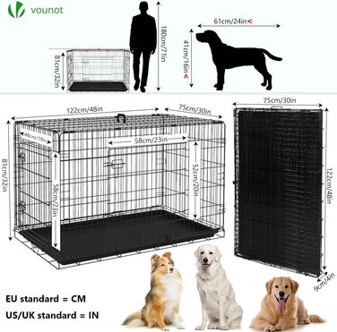 Складаний клітка для собак VOUNOT XXL 122x75x81 см, з подвійними дверима, ручками для перенесення та піддоном, чорна, для транспортування в авто