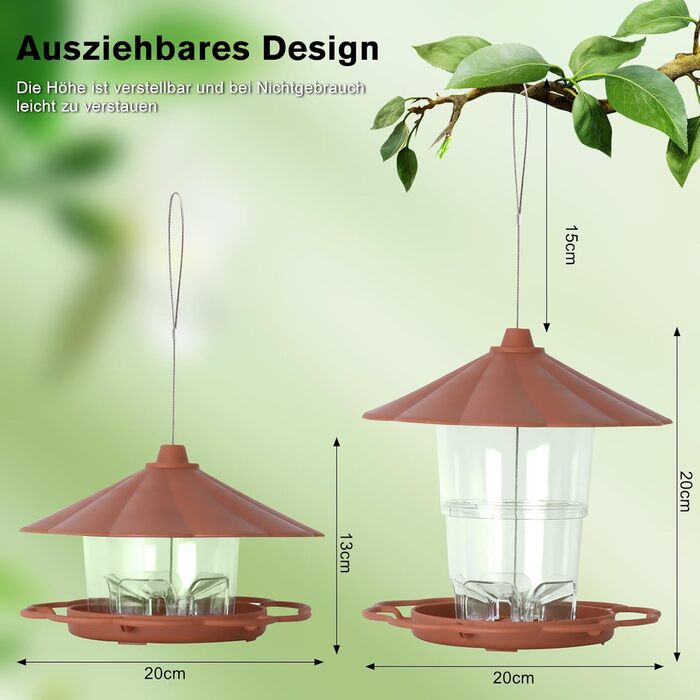 Кормушка для птахів на підвіску, 820 мл, складана, вологостійка, пластикова, для балкона та саду (колір: коричневий)